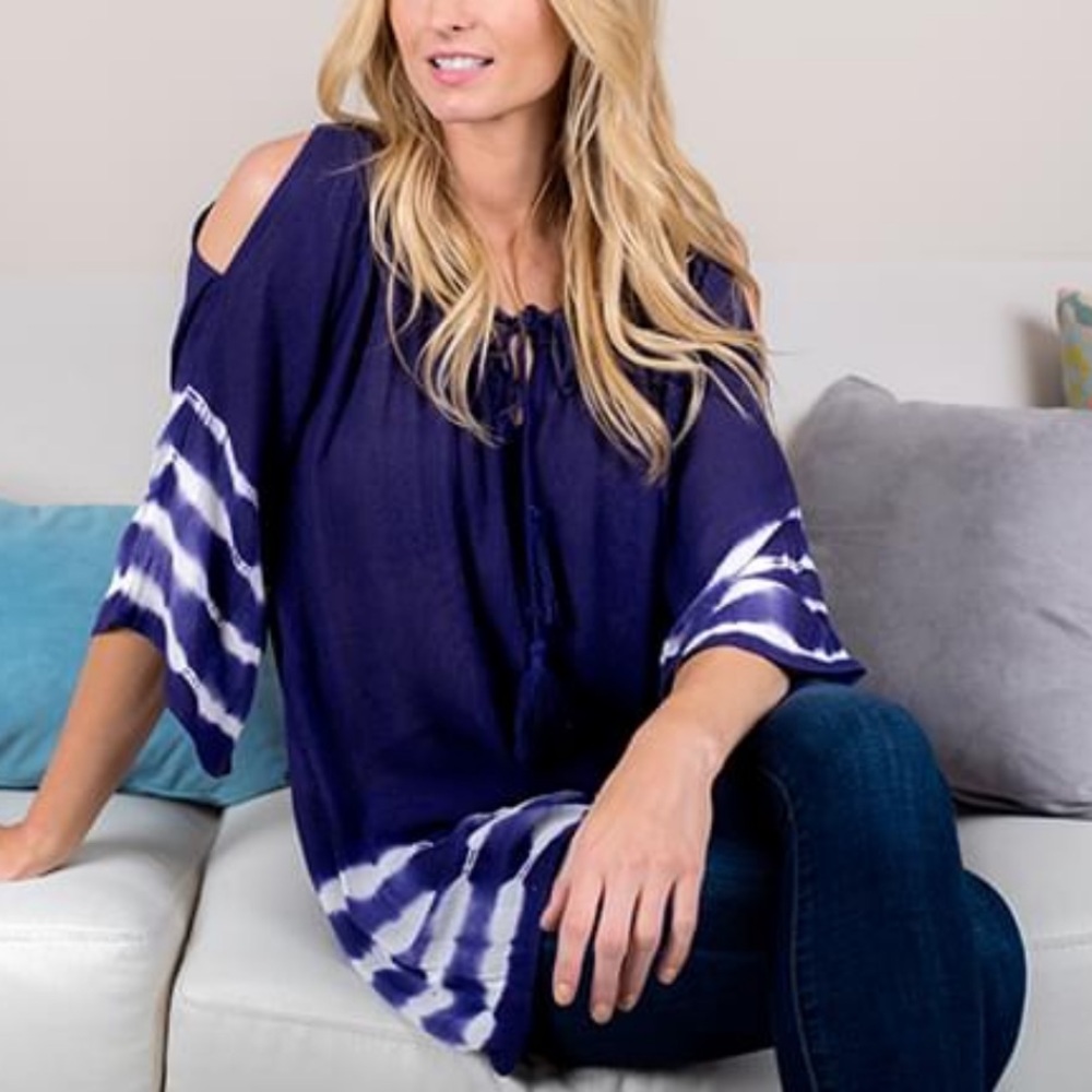 GREATER GOOD L/XL boho beach cold shoulder blouse with tassel tie neck